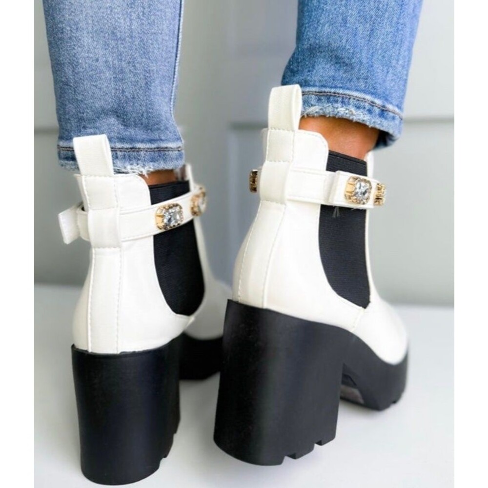 BAMBOO boots platform stacked heel bamboo white boots removable Velcro jewel 8.5 - Picture 5 of 10